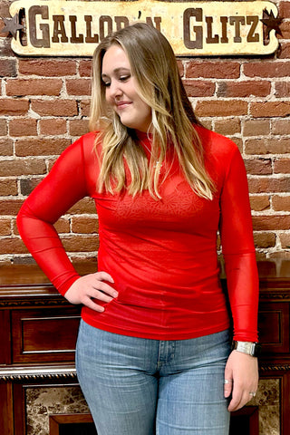 Meshed Out Red Long Sleeve Mesh Top-Mesh Top-Sterling Kreek-Gallop 'n Glitz- Women's Western Wear Boutique, Located in Grants Pass, Oregon