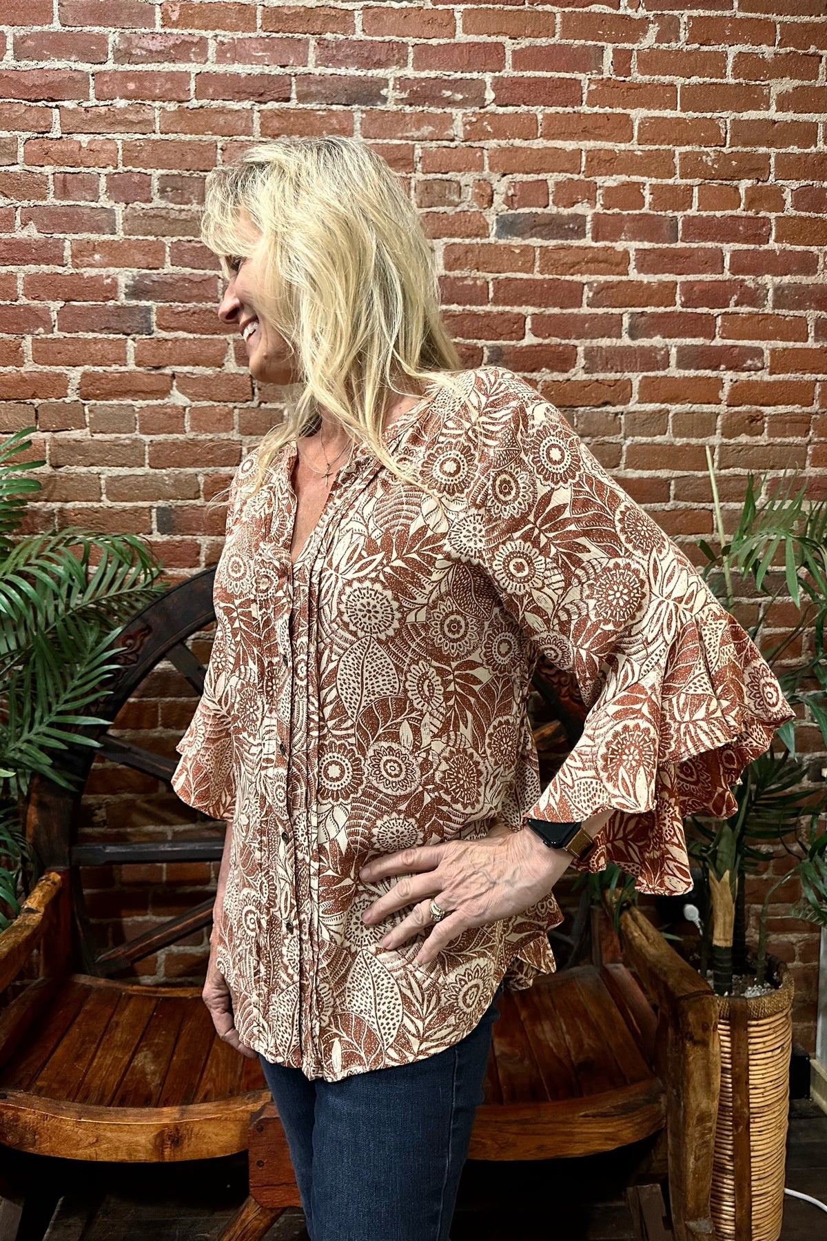 Ruffle Sleeve Button Up Printed Top-top-Nostalgia-Gallop 'n Glitz- Women's Western Wear Boutique, Located in Grants Pass, Oregon