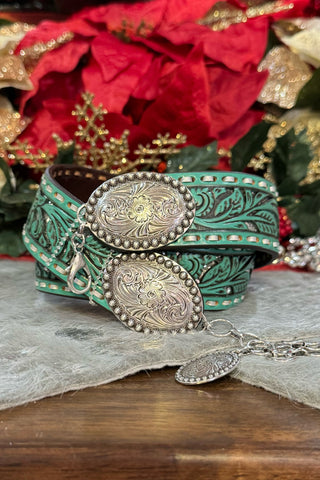 Women's Tooled Turquoise and Silver Belt-Belt-M&F-Gallop 'n Glitz- Women's Western Wear Boutique, Located in Grants Pass, Oregon