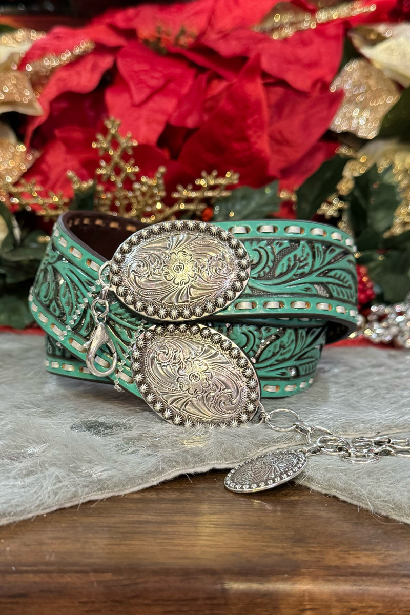 Women's Tooled Turquoise and Silver Belt-Belt-M&F-Gallop 'n Glitz- Women's Western Wear Boutique, Located in Grants Pass, Oregon