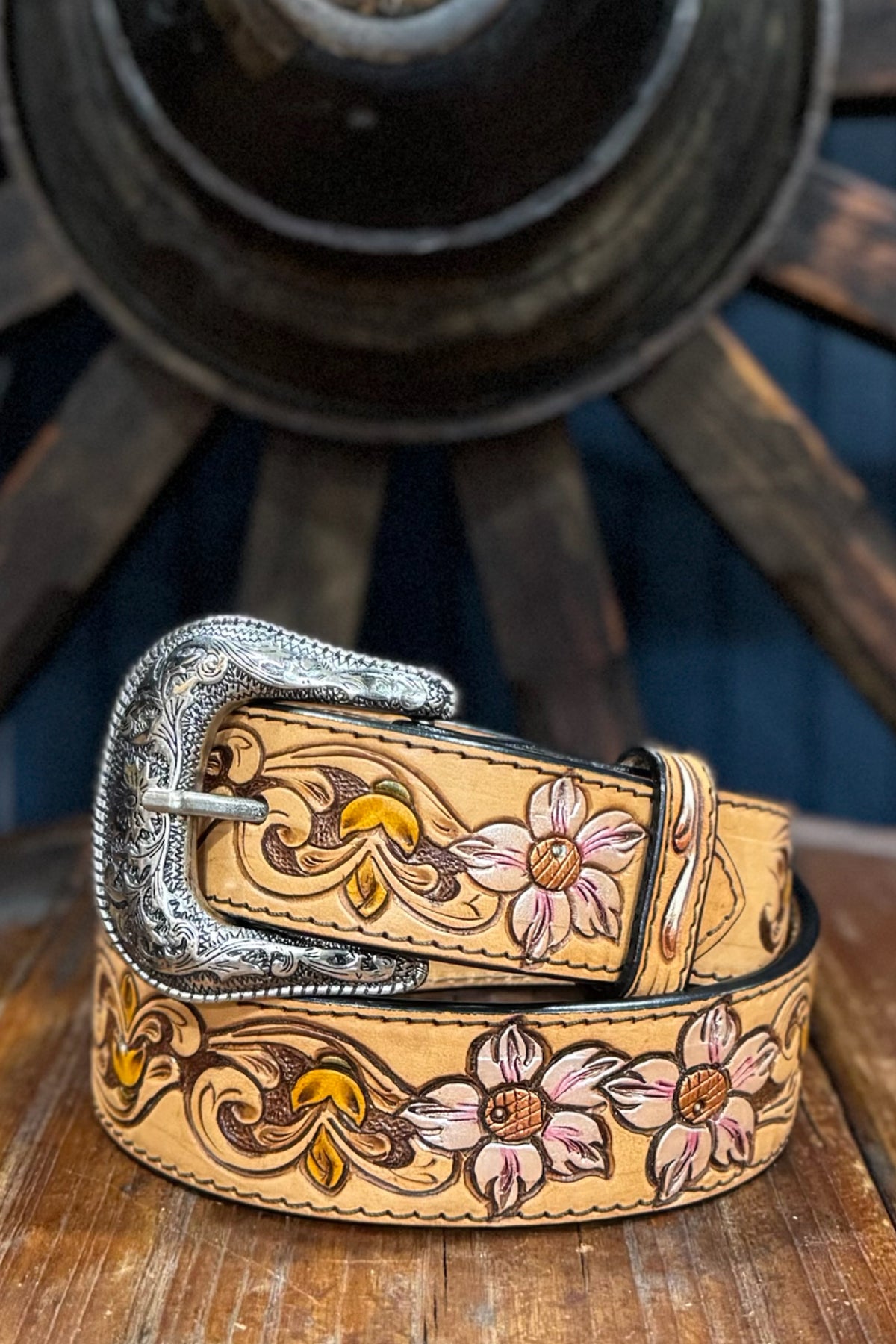 Nocona Women's Tan Leather with Metallic Flowers Western Belt-Belt-M&F-Gallop 'n Glitz- Women's Western Wear Boutique, Located in Grants Pass, Oregon