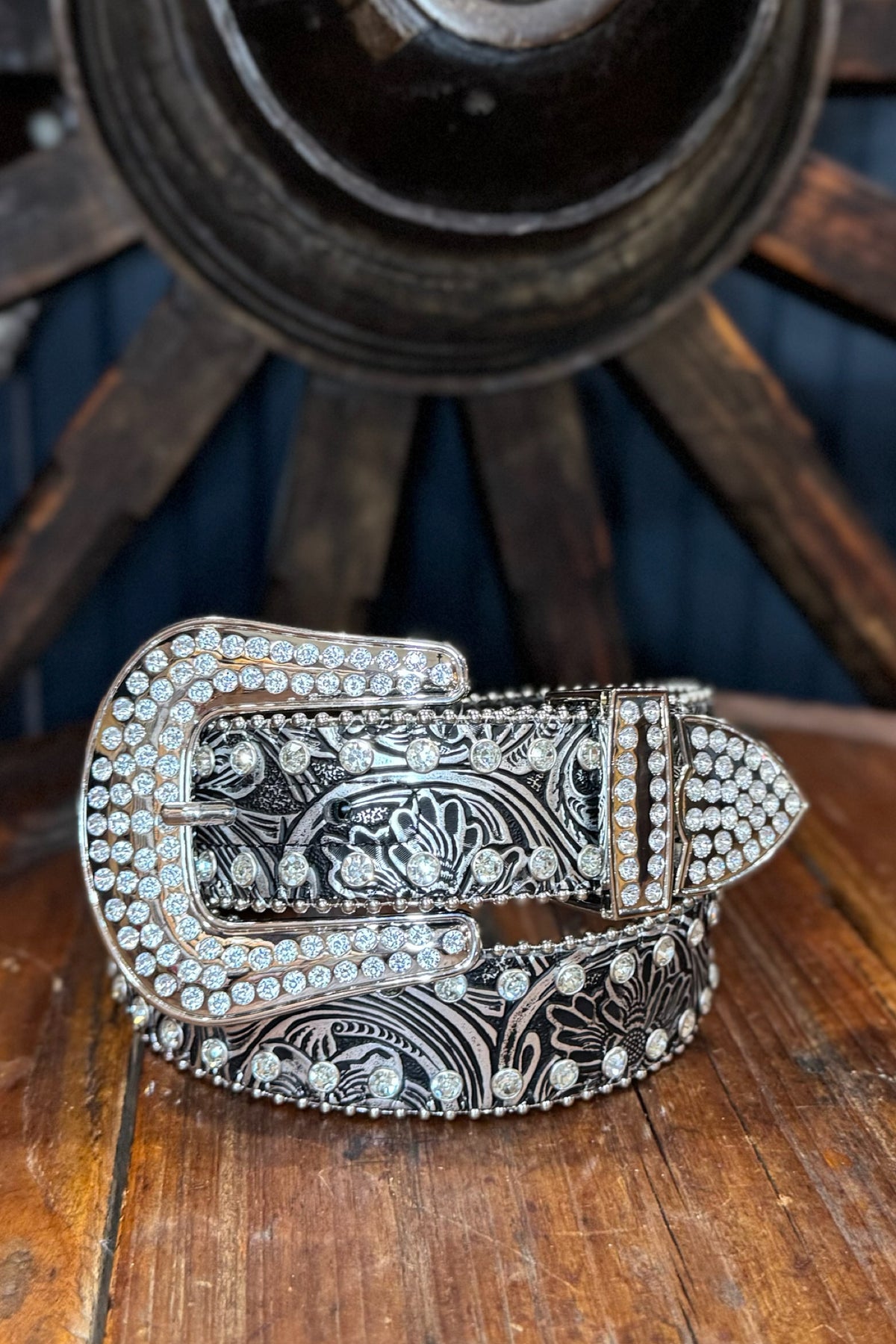 Nocona Women's Silver Metallic Tooling on Black Western Belt-Belt-M&F-Gallop 'n Glitz- Women's Western Wear Boutique, Located in Grants Pass, Oregon