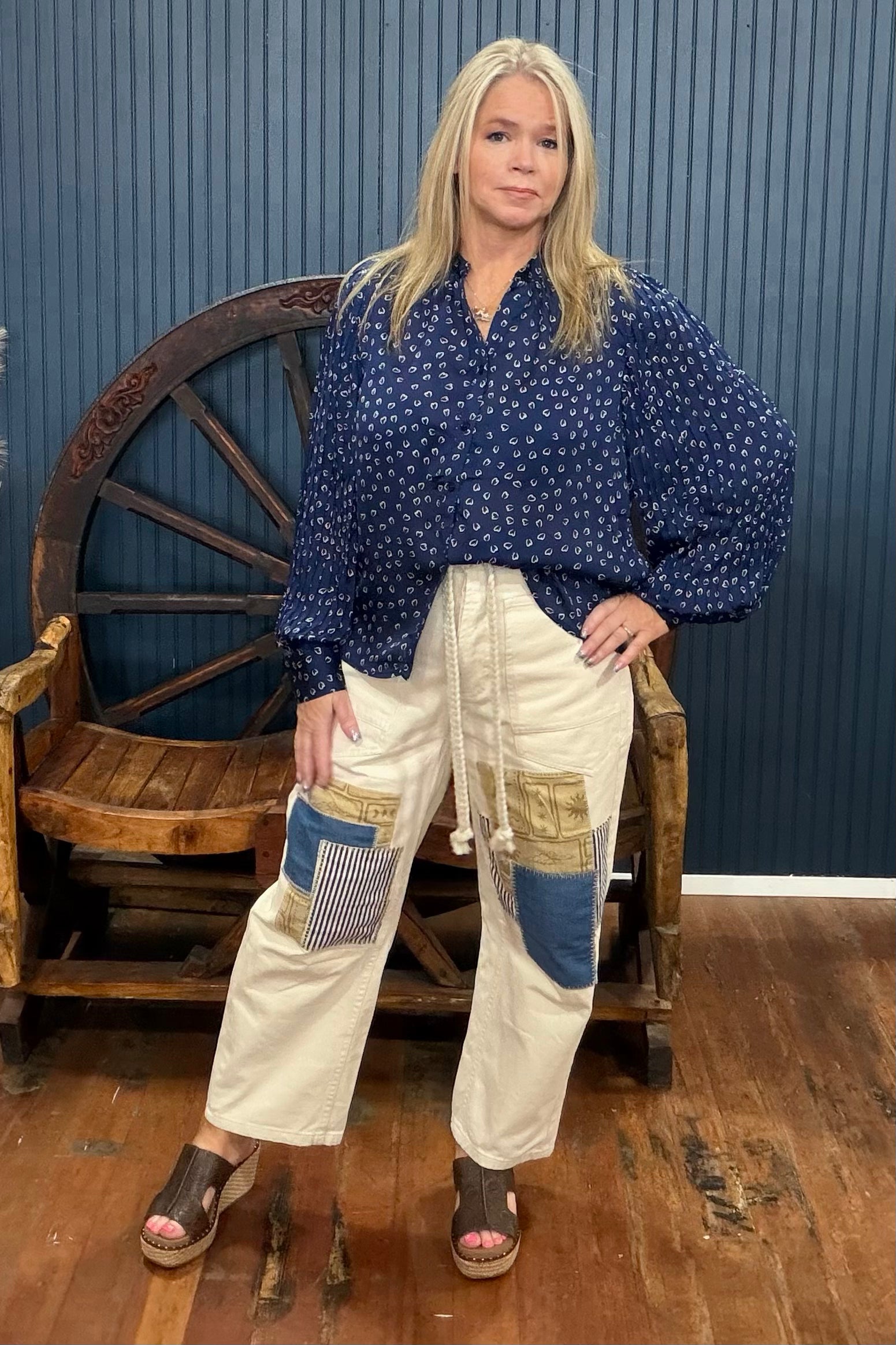 Navy Heart Print Long Sleeve Blouse-Top-ee:some-Gallop 'n Glitz- Women's Western Wear Boutique, Located in Grants Pass, Oregon