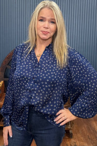 Navy Heart Print Long Sleeve Blouse-Top-ee:some-Gallop 'n Glitz- Women's Western Wear Boutique, Located in Grants Pass, Oregon