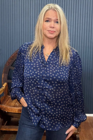Navy Heart Print Long Sleeve Blouse-Top-ee:some-Gallop 'n Glitz- Women's Western Wear Boutique, Located in Grants Pass, Oregon