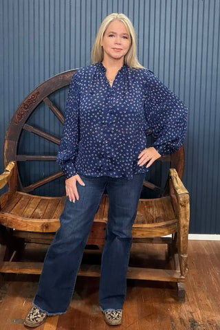 Navy Heart Print Long Sleeve Blouse-Top-ee:some-Gallop 'n Glitz- Women's Western Wear Boutique, Located in Grants Pass, Oregon
