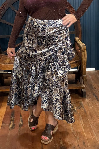 Cream/Navy Mixed Print Ruffle Skirt-Skirt-ee:some-Gallop 'n Glitz- Women's Western Wear Boutique, Located in Grants Pass, Oregon