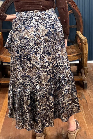 Cream/Navy Mixed Print Ruffle Skirt-Skirt-ee:some-Gallop 'n Glitz- Women's Western Wear Boutique, Located in Grants Pass, Oregon