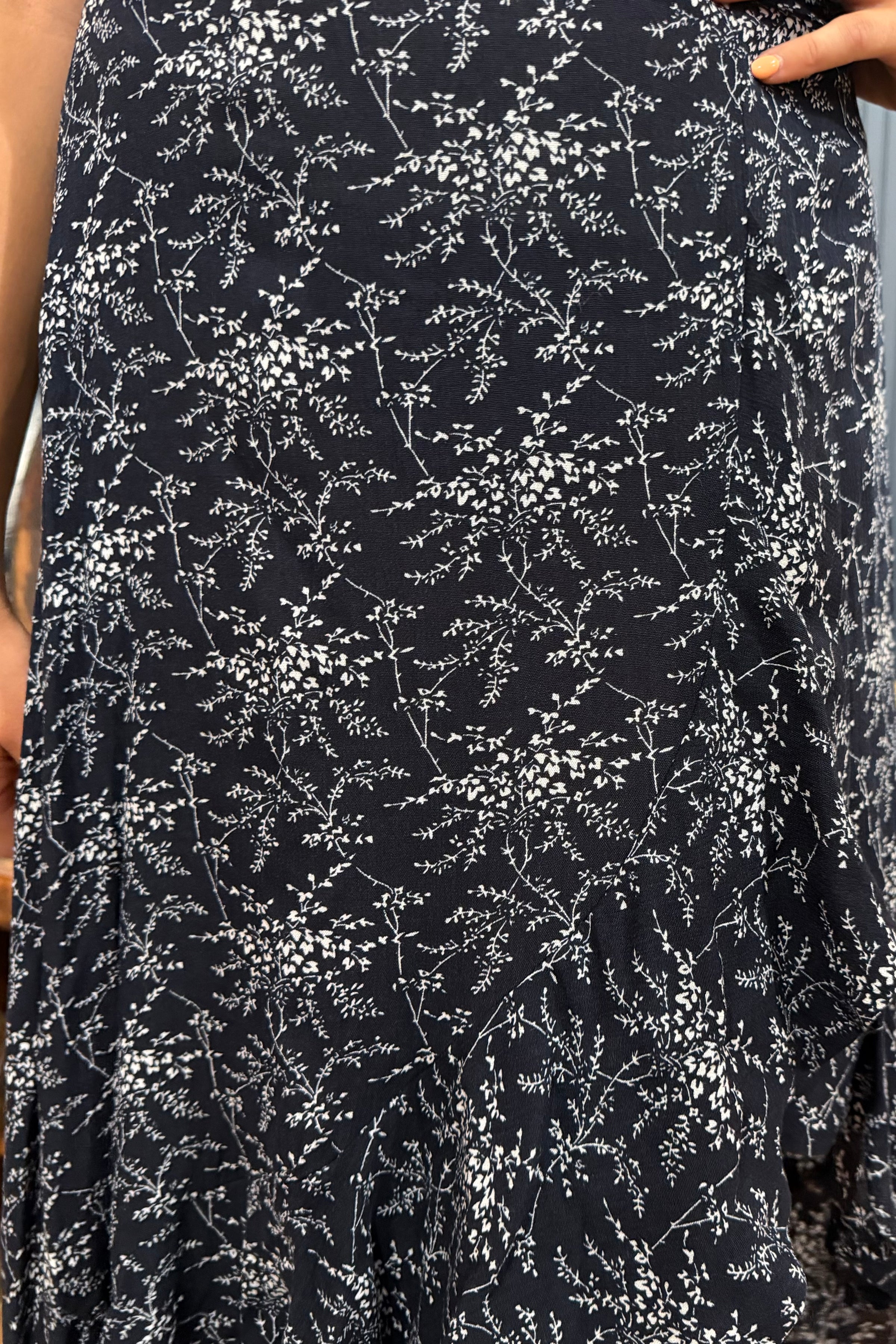 Navy Print Ruffle Split Skirt-Skirt-ee:some-Gallop 'n Glitz- Women's Western Wear Boutique, Located in Grants Pass, Oregon