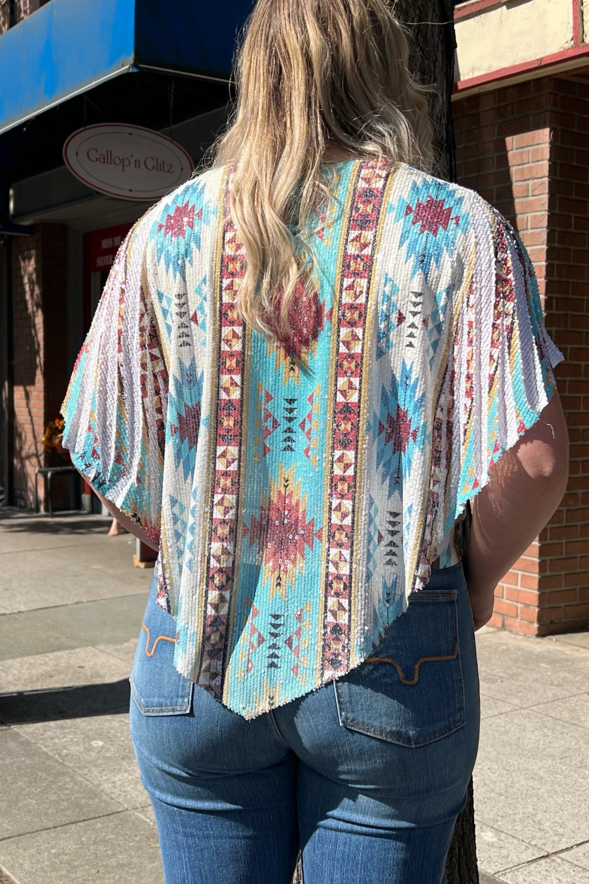 Origami Turquoise Sequin Aztec Print Top-Origami-Gallop 'n Glitz- Women's Western Wear Boutique, Located in Grants Pass, Oregon