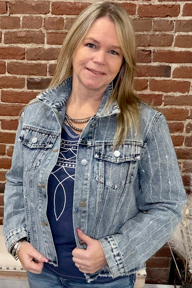 Trail Dust and Rhinestones Denim Jacket-Jacket-Origami-Gallop 'n Glitz- Women's Western Wear Boutique, Located in Grants Pass, Oregon