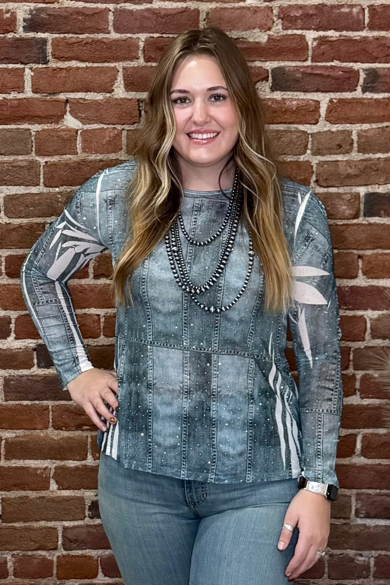 Prairie Starlight Denim Rhinestone Mesh Top-Mesh Top-Origami-Gallop 'n Glitz- Women's Western Wear Boutique, Located in Grants Pass, Oregon