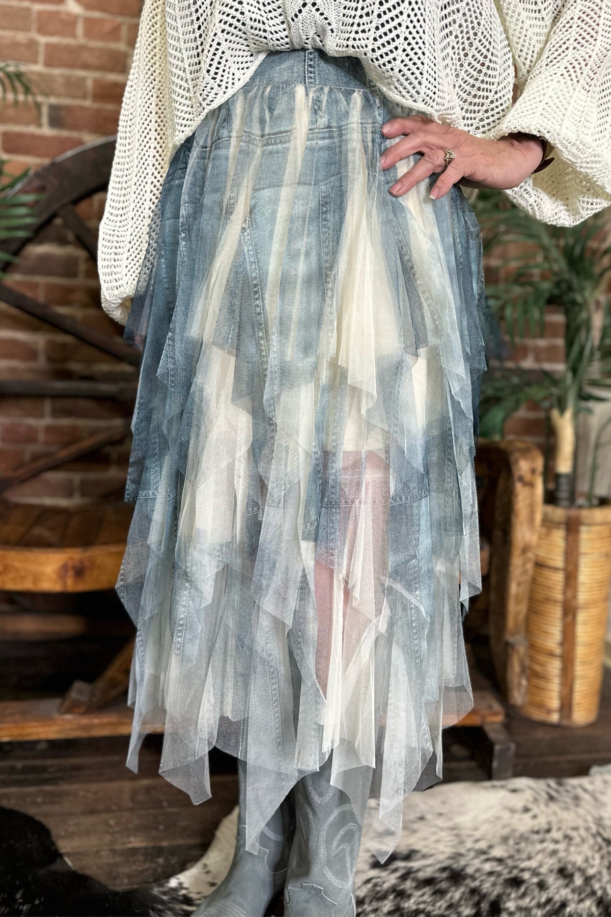Layered Denim 'N Lace Inspired Mesh Skirt by Origami Apparel-Skirt-Origami-Gallop 'n Glitz- Women's Western Wear Boutique, Located in Grants Pass, Oregon