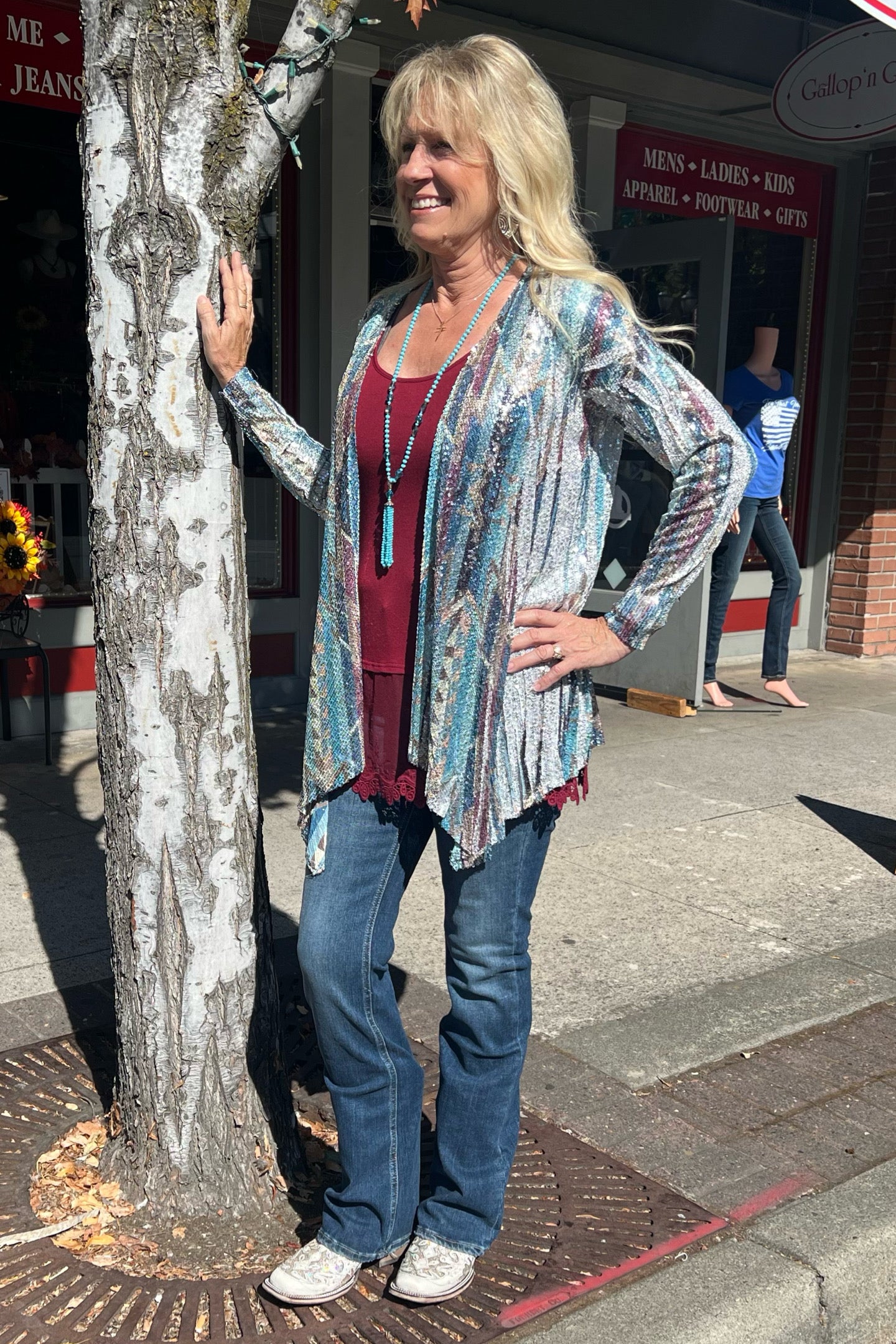 Full Sequin Turquoise Aztec Cardigan by Origami-Cardigan-Origami-Gallop 'n Glitz- Women's Western Wear Boutique, Located in Grants Pass, Oregon