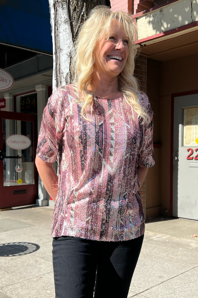 Sequin Pink Aztec Top by Origami-top-Origami-Gallop 'n Glitz- Women's Western Wear Boutique, Located in Grants Pass, Oregon