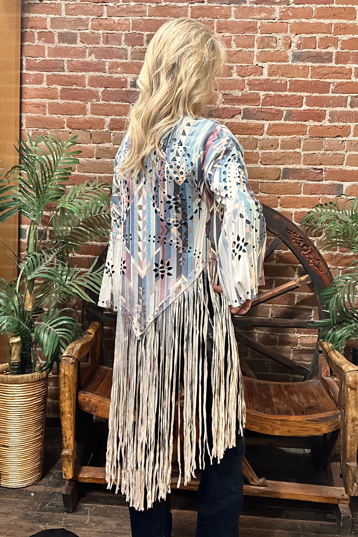 Fringe Faux Suede Aztec Design Jacket by Origami Apparel-Cardigan-Origami-Gallop 'n Glitz- Women's Western Wear Boutique, Located in Grants Pass, Oregon