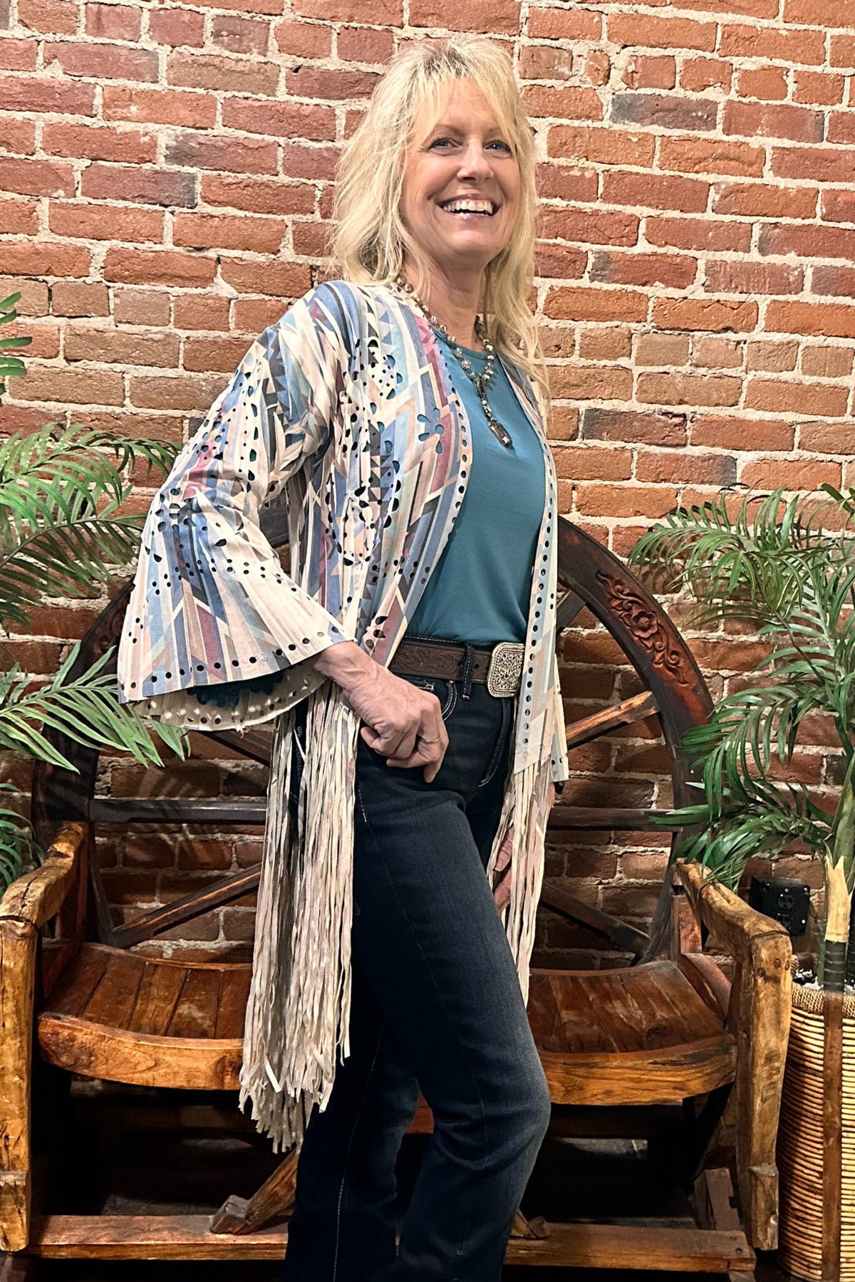 Fringe Faux Suede Aztec Design Jacket by Origami Apparel-Cardigan-Origami-Gallop 'n Glitz- Women's Western Wear Boutique, Located in Grants Pass, Oregon