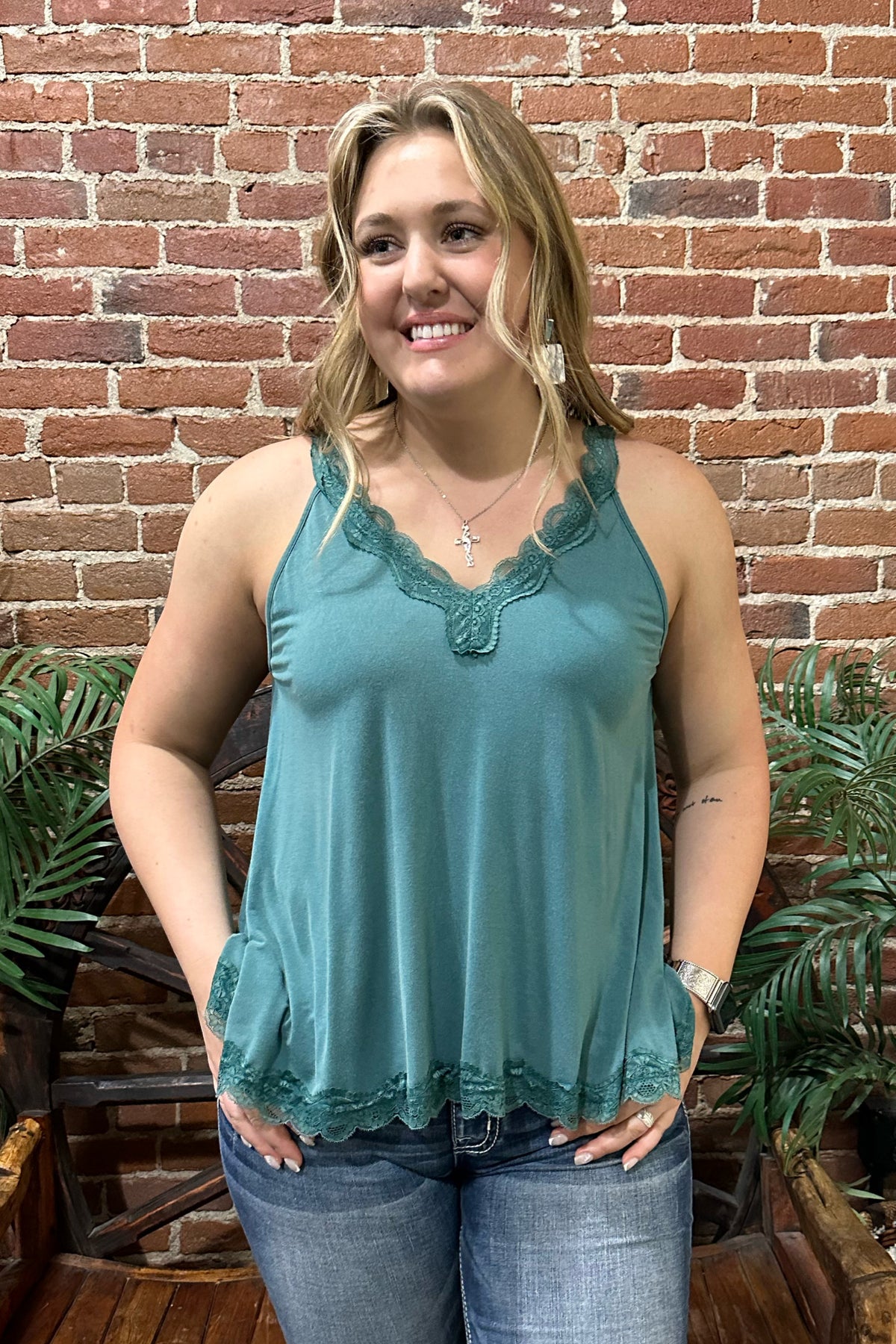 For The Love of Lace Evergreen Sleeveless Top By POL-top-POL-Gallop 'n Glitz- Women's Western Wear Boutique, Located in Grants Pass, Oregon