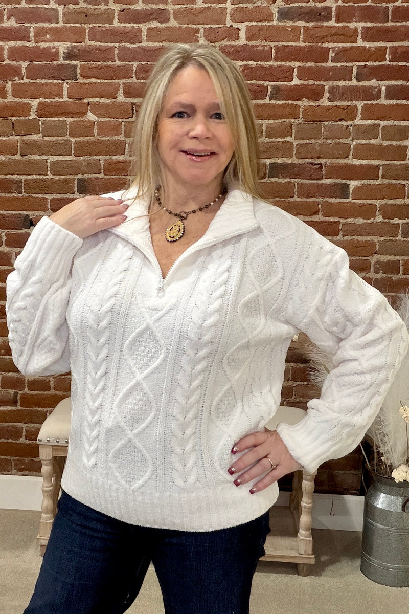 Summit Zip Cable Knit Sweater by PJ Salvage-Ivory-top-PJ Salvage-Gallop 'n Glitz- Women's Western Wear Boutique, Located in Grants Pass, Oregon