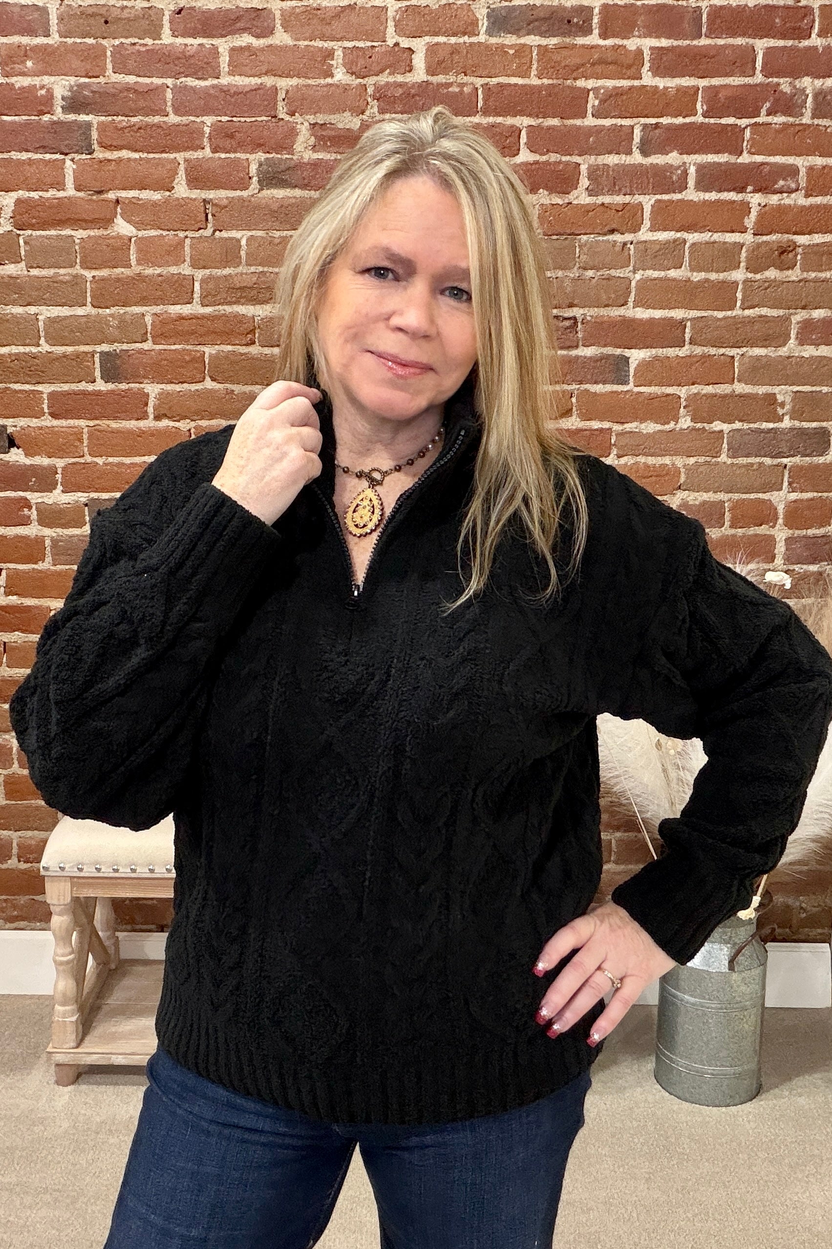 Summit Zip Cable Knit Sweater by PJ Salvage-Black-top-PJ Salvage-Gallop 'n Glitz- Women's Western Wear Boutique, Located in Grants Pass, Oregon