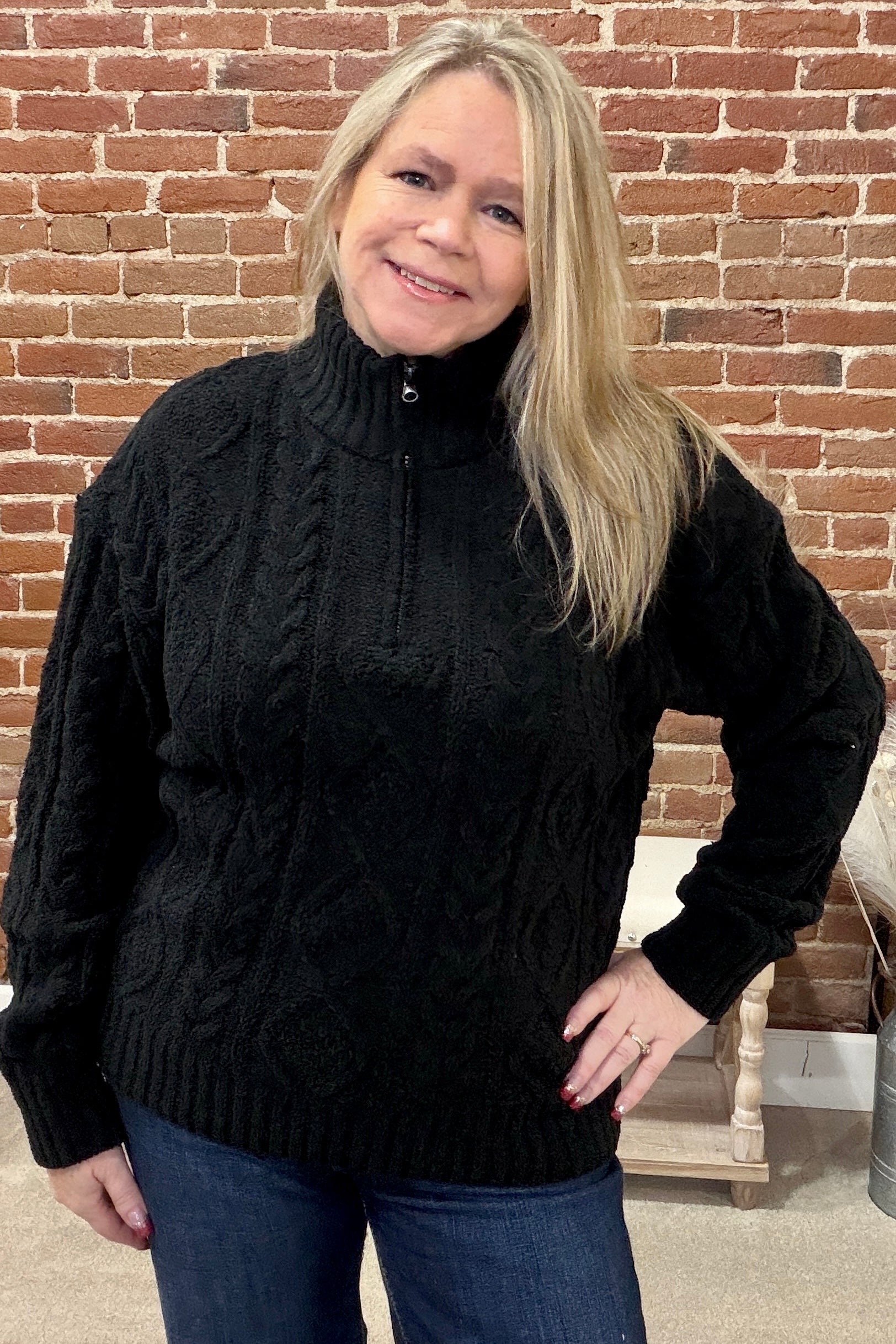 Summit Zip Cable Knit Sweater by PJ Salvage-Black-top-PJ Salvage-Gallop 'n Glitz- Women's Western Wear Boutique, Located in Grants Pass, Oregon