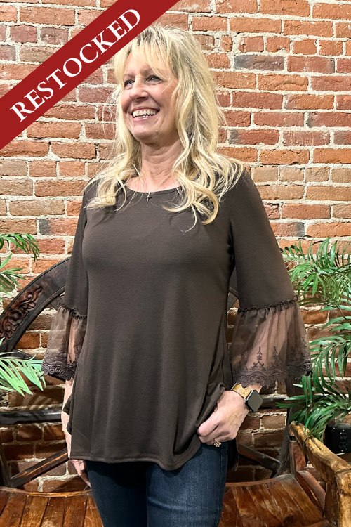 Lace Bell Sleeve Brown Tunic by Origami Apparel-top-Origami-Gallop 'n Glitz- Women's Western Wear Boutique, Located in Grants Pass, Oregon