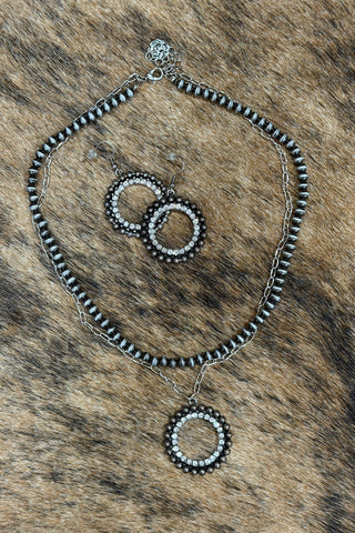 Round Rhinestone Drop on Burnished Bead Necklace With Earrings-Jewelry-Pink Panache-Gallop 'n Glitz- Women's Western Wear Boutique, Located in Grants Pass, Oregon