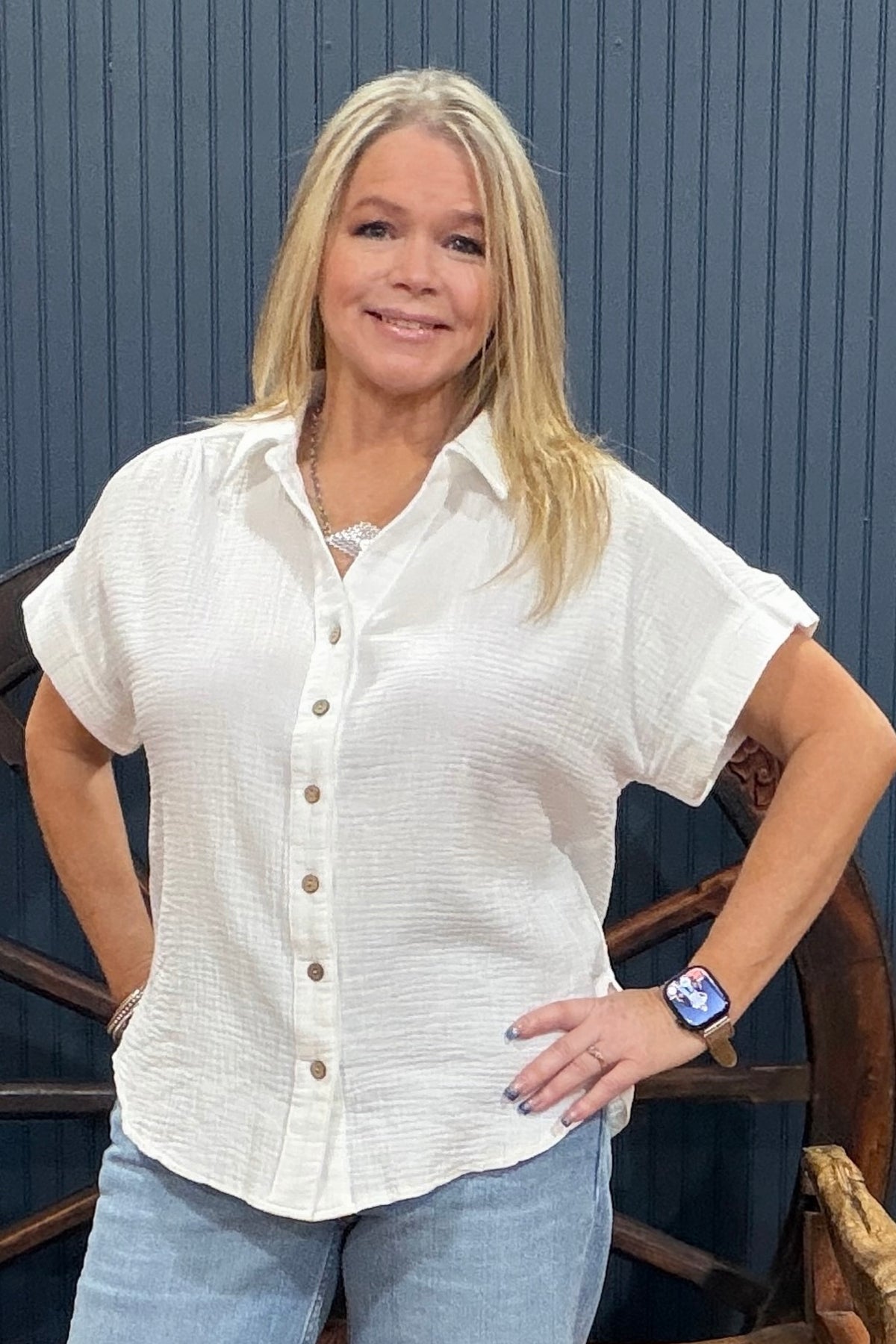 Summer Breeze Button Up Top - White-top-Cozy Co-Gallop 'n Glitz- Women's Western Wear Boutique, Located in Grants Pass, Oregon