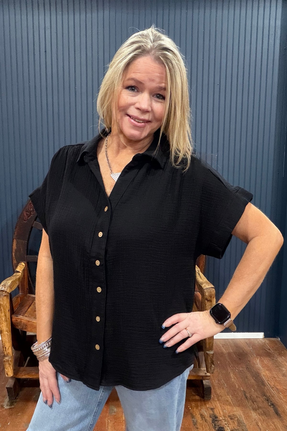 Summer Breeze Button Up Top - Black-top-Cozy Co-Gallop 'n Glitz- Women's Western Wear Boutique, Located in Grants Pass, Oregon