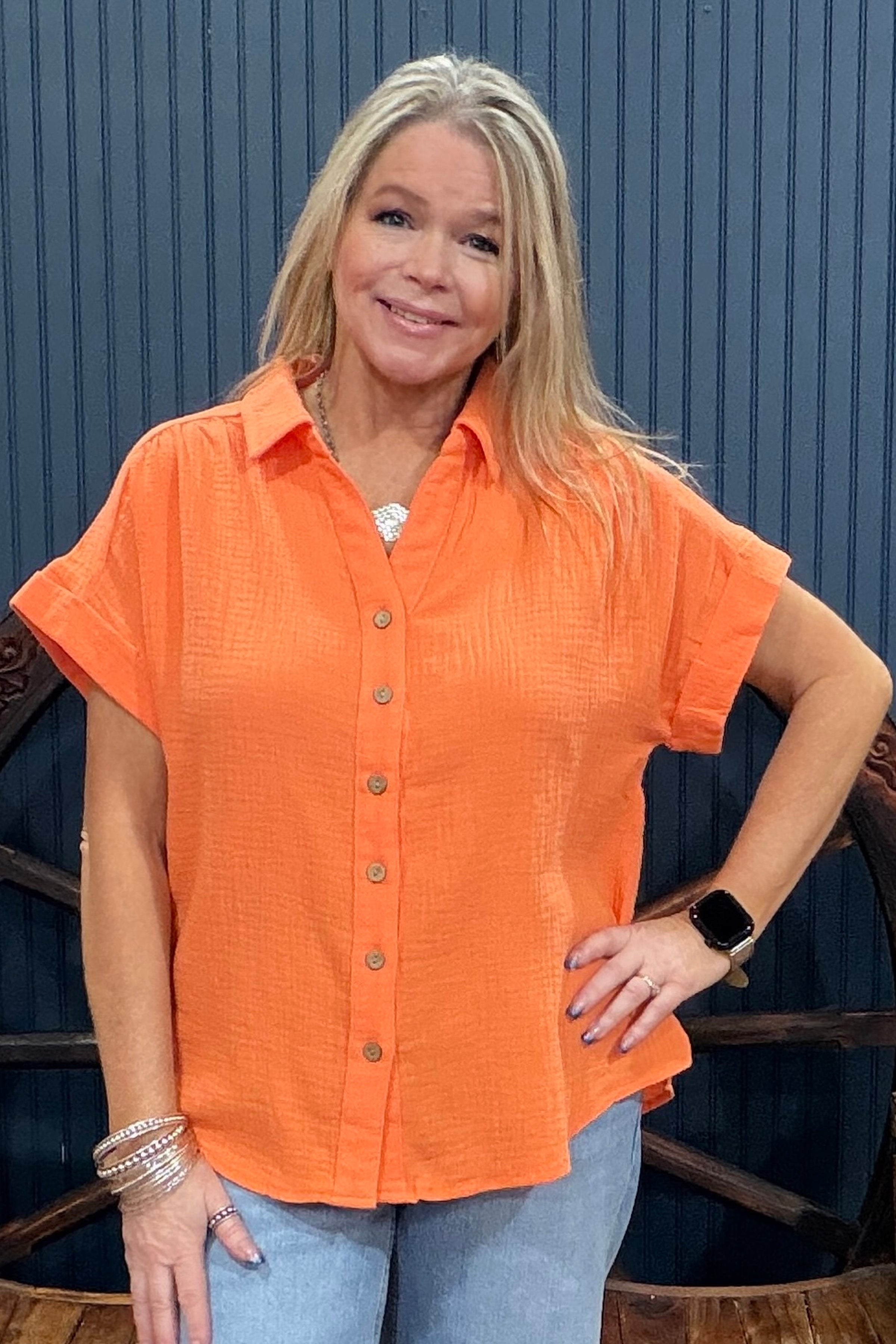 Summer Breeze Button Up Top - Orange-top-Cozy Co-Gallop 'n Glitz- Women's Western Wear Boutique, Located in Grants Pass, Oregon