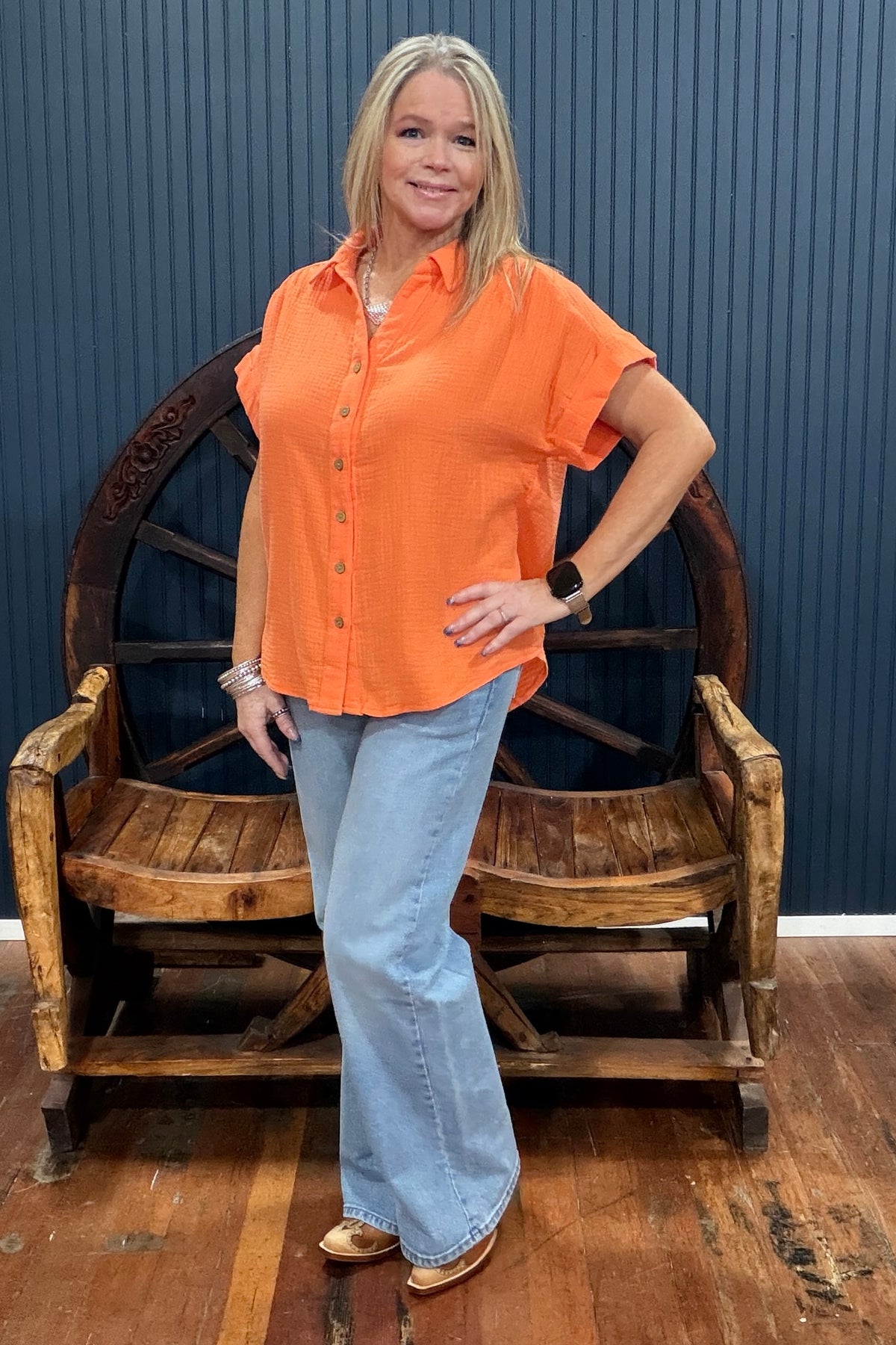 Summer Breeze Button Up Top - Orange-top-Cozy Co-Gallop 'n Glitz- Women's Western Wear Boutique, Located in Grants Pass, Oregon