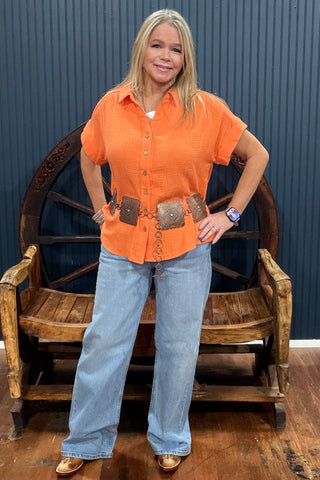 Summer Breeze Button Up Top - Orange-top-Cozy Co-Gallop 'n Glitz- Women's Western Wear Boutique, Located in Grants Pass, Oregon