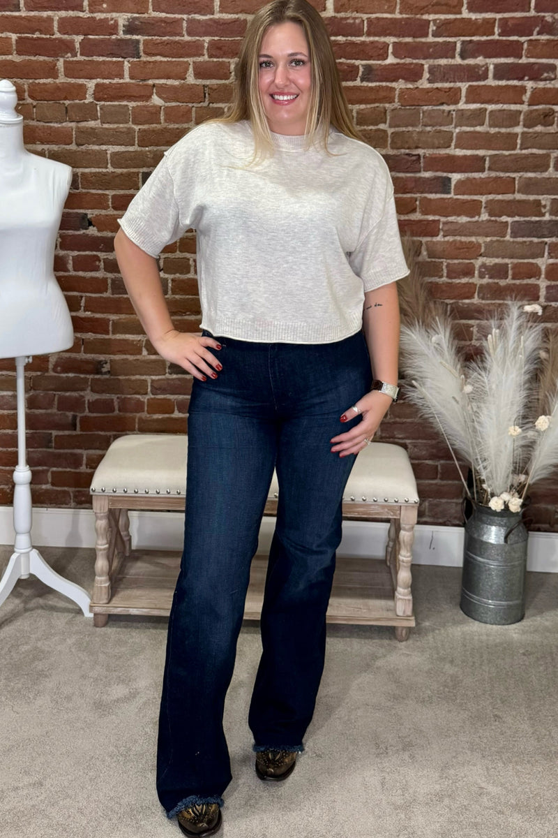 Short Sleeve Cropped Sweater Oatmeal-Top-ee:some-Gallop 'n Glitz- Women's Western Wear Boutique, Located in Grants Pass, Oregon