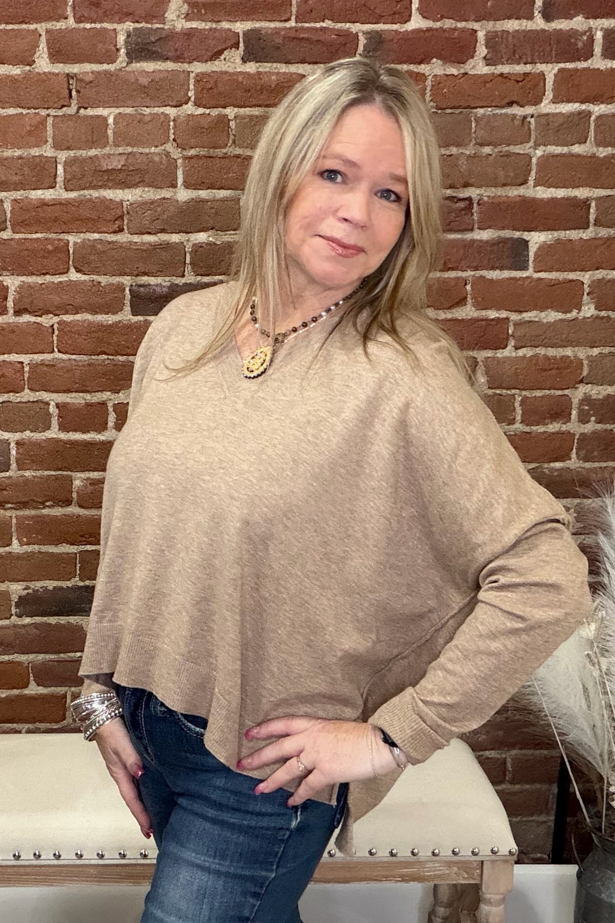 V-Neck Long Sleeve Sweater Sand-Top-ee:some-Gallop 'n Glitz- Women's Western Wear Boutique, Located in Grants Pass, Oregon