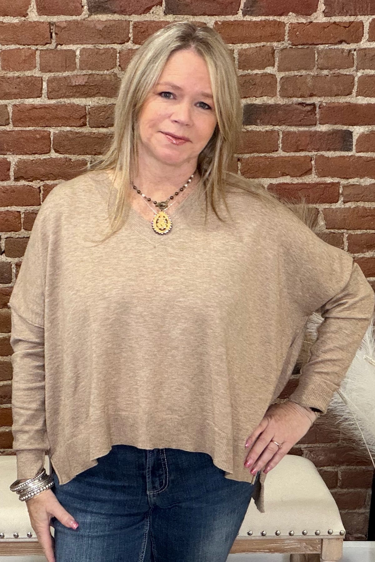 V-Neck Long Sleeve Sweater Sand-Top-ee:some-Gallop 'n Glitz- Women's Western Wear Boutique, Located in Grants Pass, Oregon