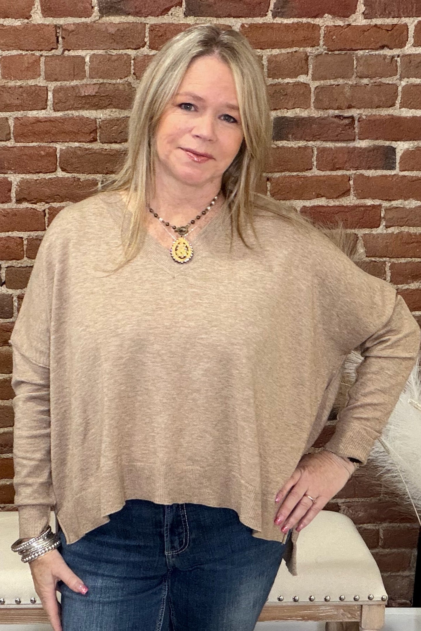 V-Neck Long Sleeve Sweater Sand-Top-ee:some-Gallop 'n Glitz- Women's Western Wear Boutique, Located in Grants Pass, Oregon