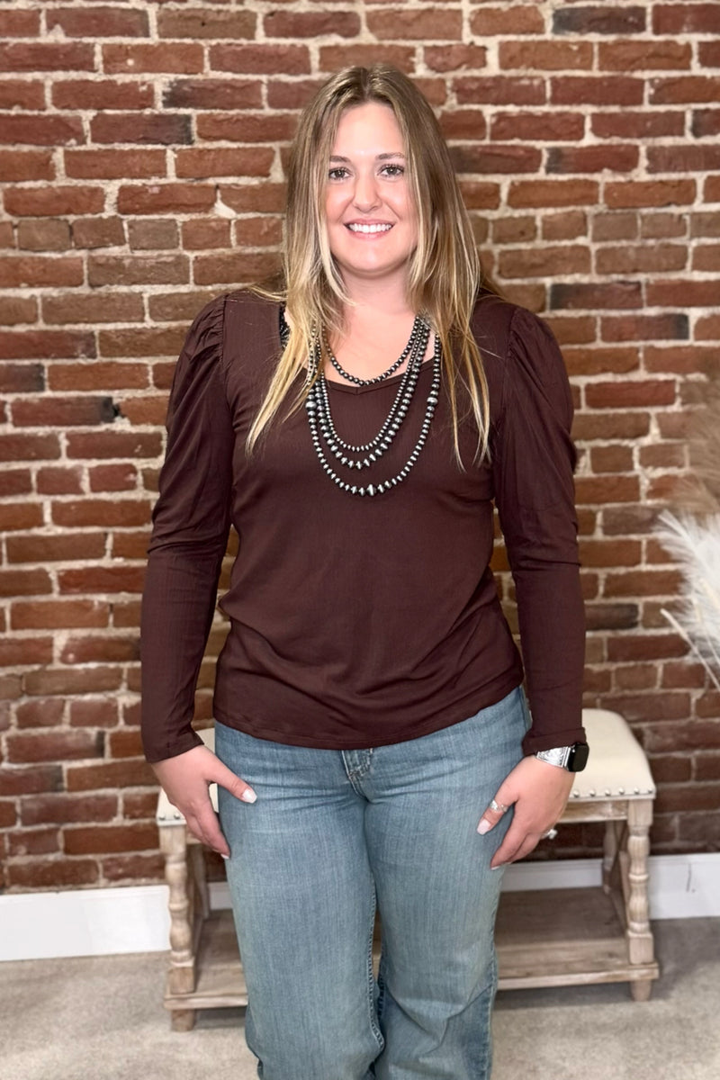 Something Classy Brown Bubble Sleeve Top-Top-Sterling Kreek-Gallop 'n Glitz- Women's Western Wear Boutique, Located in Grants Pass, Oregon