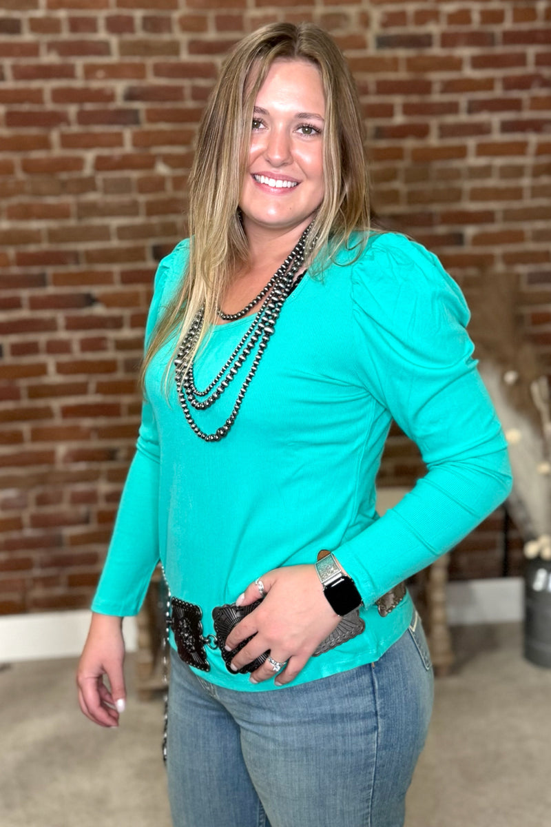 Something Classy Turquoise Bubble Sleeve Top-Top-Sterling Kreek-Gallop 'n Glitz- Women's Western Wear Boutique, Located in Grants Pass, Oregon