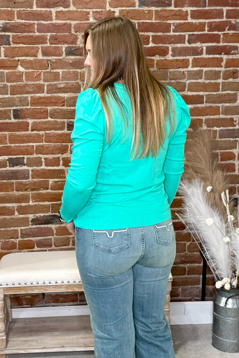 Something Classy Turquoise Bubble Sleeve Top-Top-Sterling Kreek-Gallop 'n Glitz- Women's Western Wear Boutique, Located in Grants Pass, Oregon