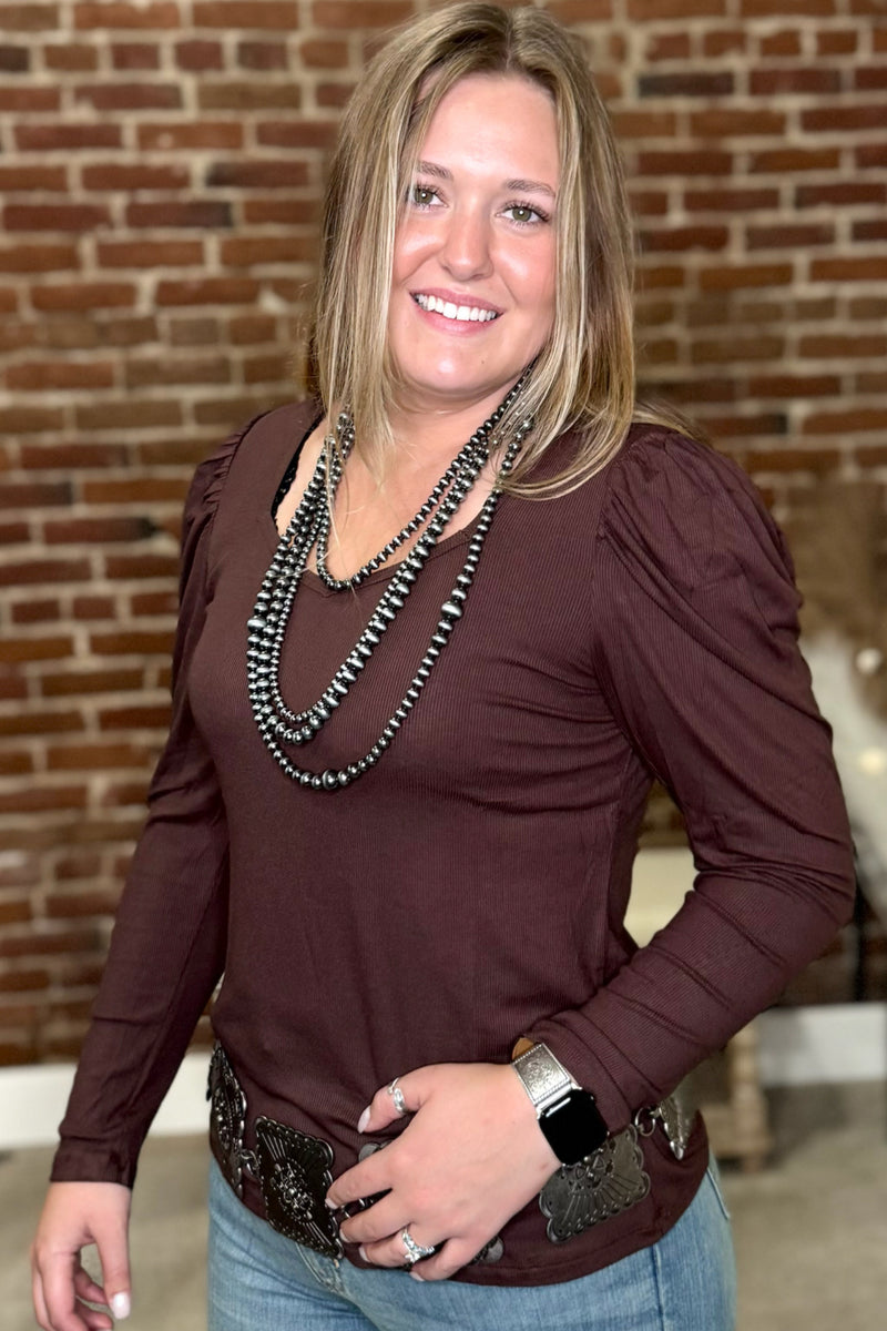 Something Classy Brown Bubble Sleeve Top-Top-Sterling Kreek-Gallop 'n Glitz- Women's Western Wear Boutique, Located in Grants Pass, Oregon