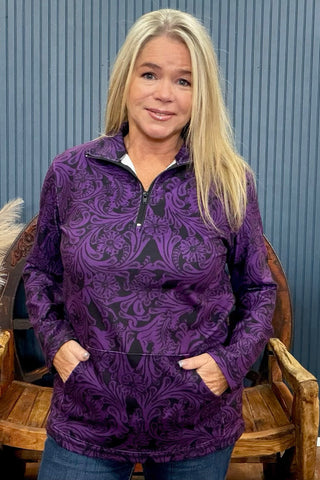 Tailgate Party Purple Quarter Zip Pullover-Sweater-Sterling Kreek-Gallop 'n Glitz- Women's Western Wear Boutique, Located in Grants Pass, Oregon