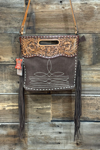 Cross body Bag With Tooling and Fringe