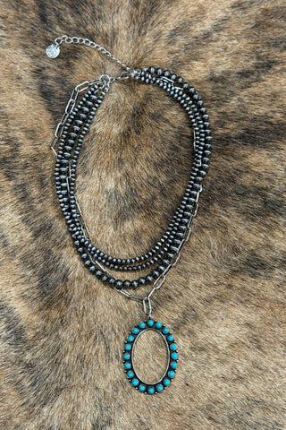 Turquoise Oval Drop on Beaded Necklace-Jewelry-Pink Panache-Gallop 'n Glitz- Women's Western Wear Boutique, Located in Grants Pass, Oregon