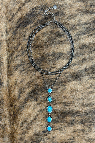 Burnished Bead and Turquoise Y Drop Necklace-Jewelry-Pink Panache-Gallop 'n Glitz- Women's Western Wear Boutique, Located in Grants Pass, Oregon