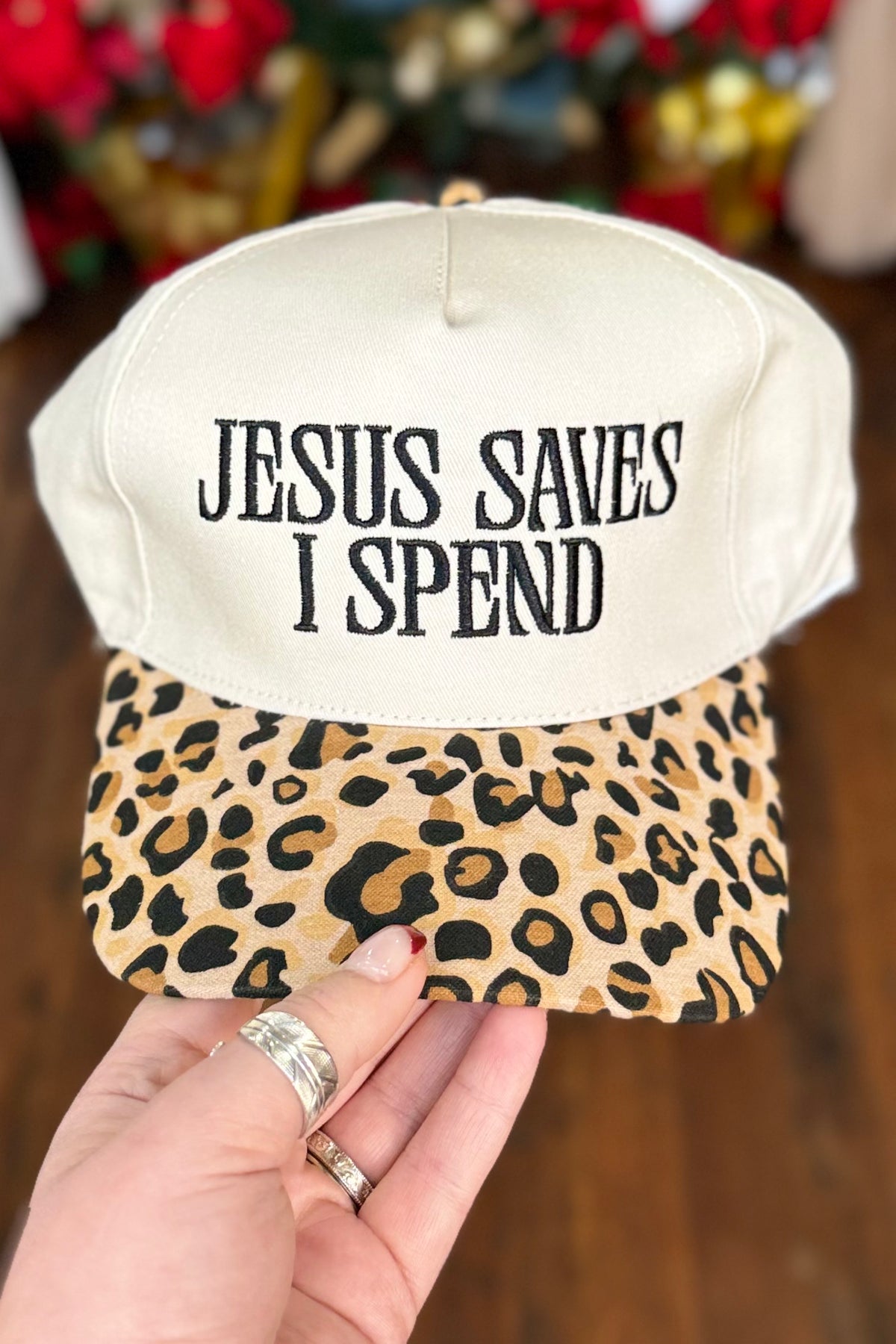 Jesus Saves I Spend Ball Cap Leopard-Door Buster-Zenana-Gallop 'n Glitz- Women's Western Wear Boutique, Located in Grants Pass, Oregon