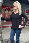 Vocal Black Long Sleeve w/Crochet Patch Sleeve-top-Vocal-Gallop 'n Glitz- Women's Western Wear Boutique, Located in Grants Pass, Oregon