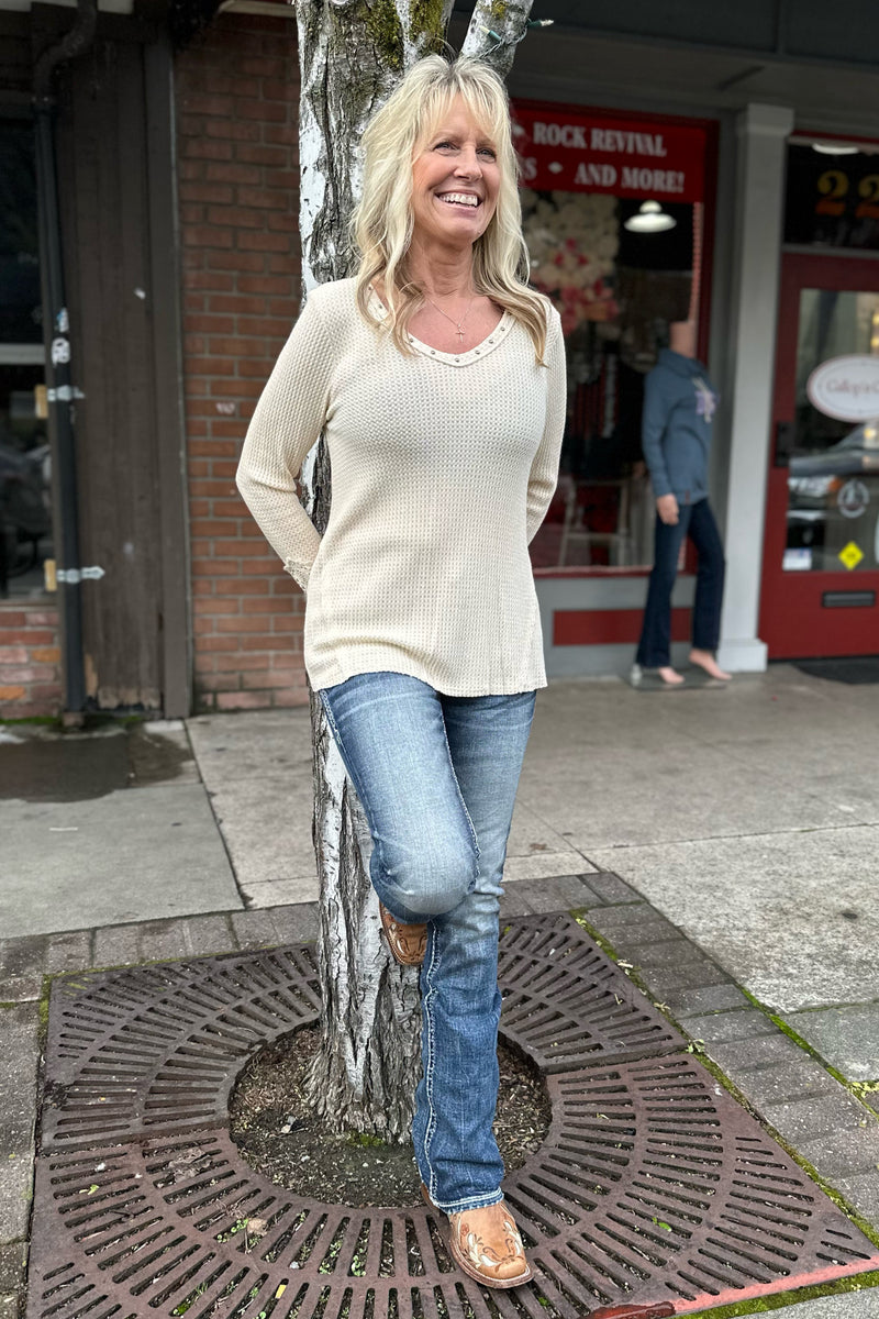 Vocal Long Sleeve w/Crochet Patch Sleeve-top-Vocal-Gallop 'n Glitz- Women's Western Wear Boutique, Located in Grants Pass, Oregon