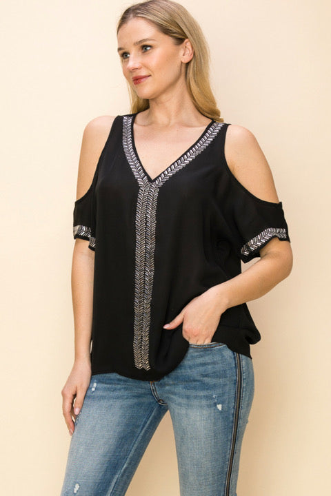 Vocal Embellished Cold Shoulder Short Sleeve Top-Top-Vocal-Gallop 'n Glitz- Women's Western Wear Boutique, Located in Grants Pass, Oregon