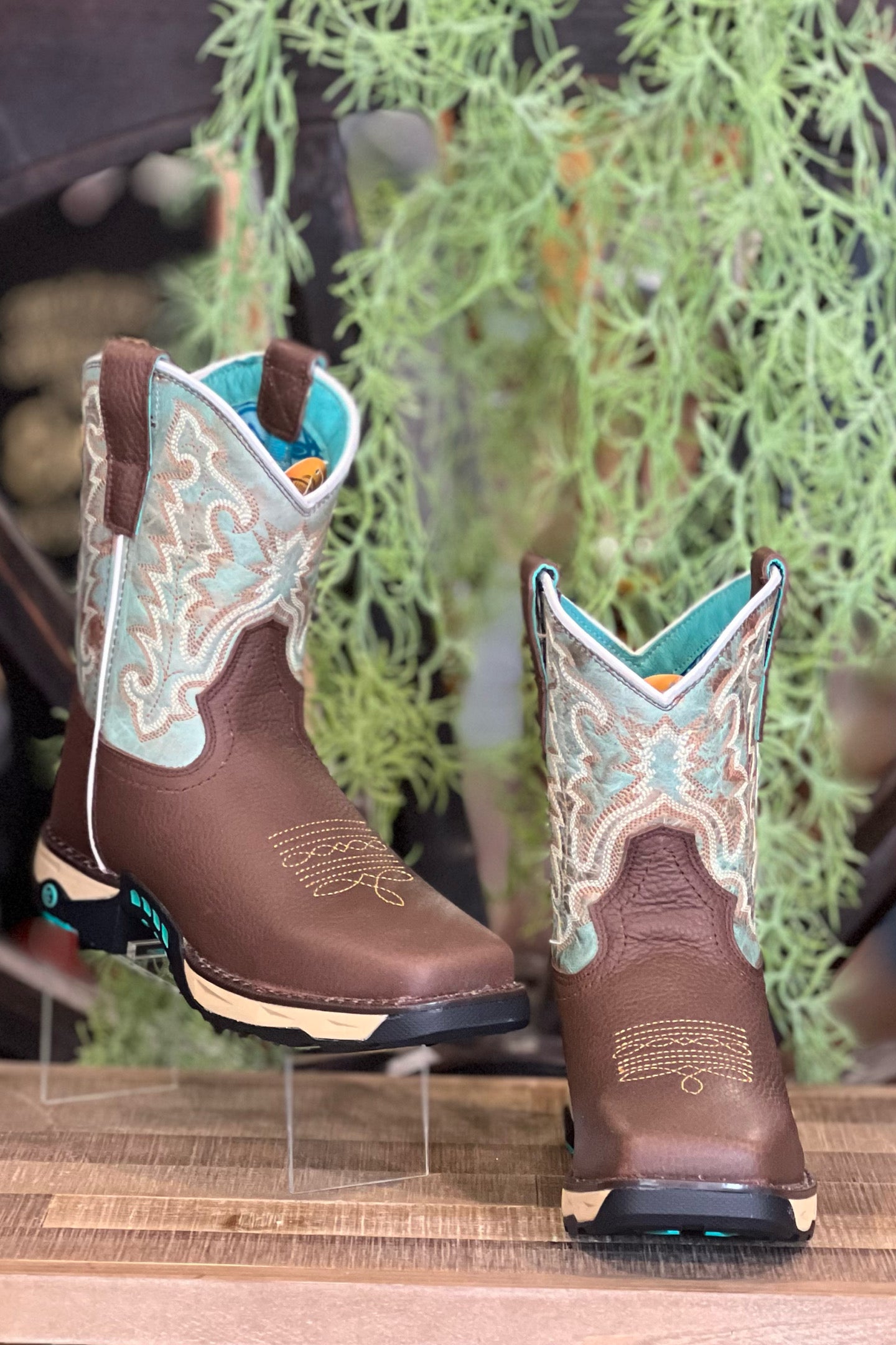 Corral Ladies Farm & Ranch Mint & Brown Square Toe Work Boots-Ladies Boot-Corral Boots/Circle G by Corral Boots-Gallop 'n Glitz- Women's Western Wear Boutique, Located in Grants Pass, Oregon