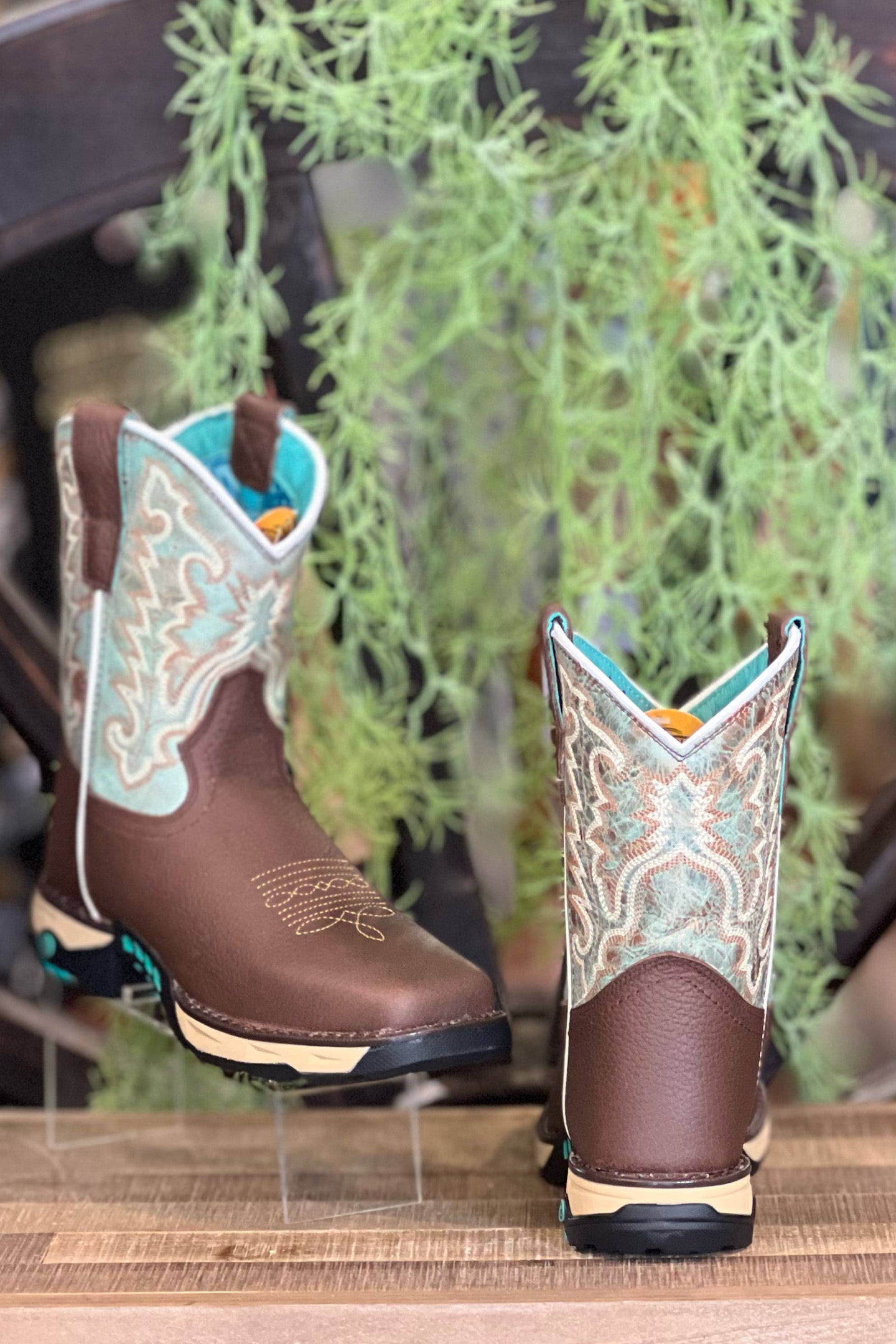 Corral Ladies Farm & Ranch Mint & Brown Square Toe Work Boots-Ladies Boot-Corral Boots/Circle G by Corral Boots-Gallop 'n Glitz- Women's Western Wear Boutique, Located in Grants Pass, Oregon
